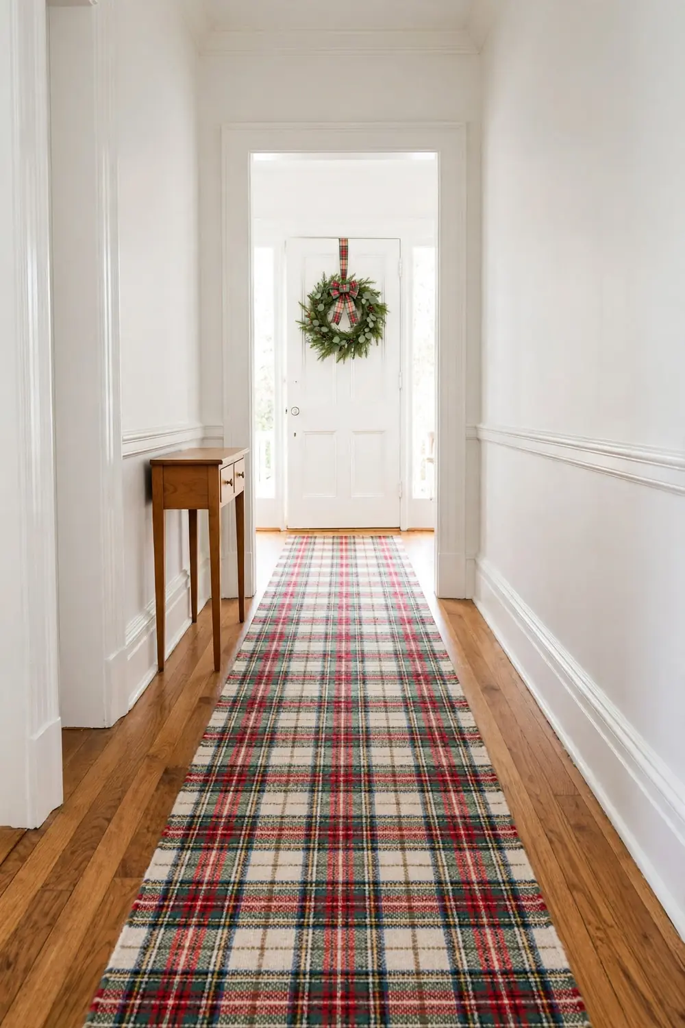 Long plaid runner in red green and cream stretching down a traditional hallway with honey toned wood floors and white trim.