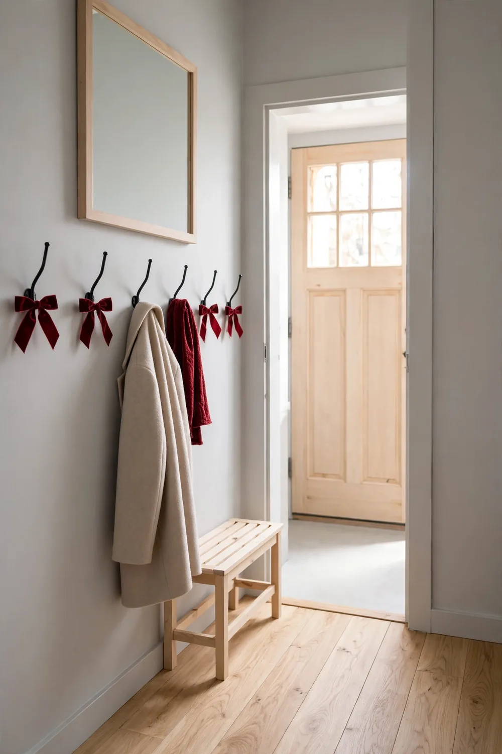 Row of wall coat hooks tied with cranberry velvet ribbon bows in a small apartment entryway with light gray walls and pale wood floors.