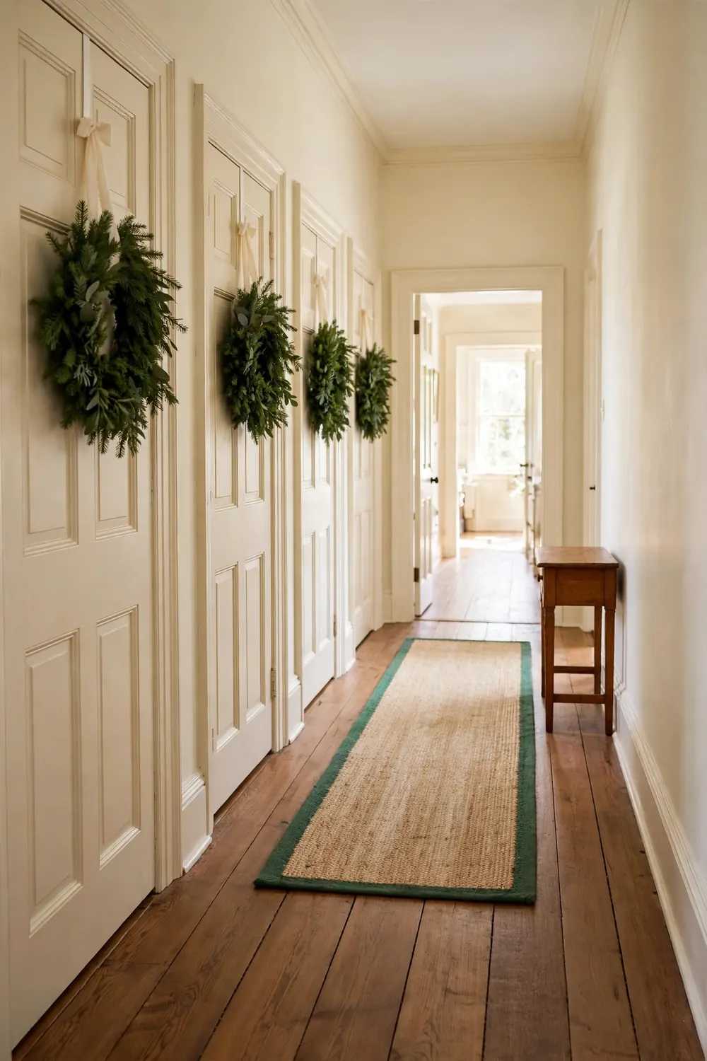 Small evergreen wreaths hanging on a row of interior doors along a cream walled colonial hallway with medium tone wood floors.
