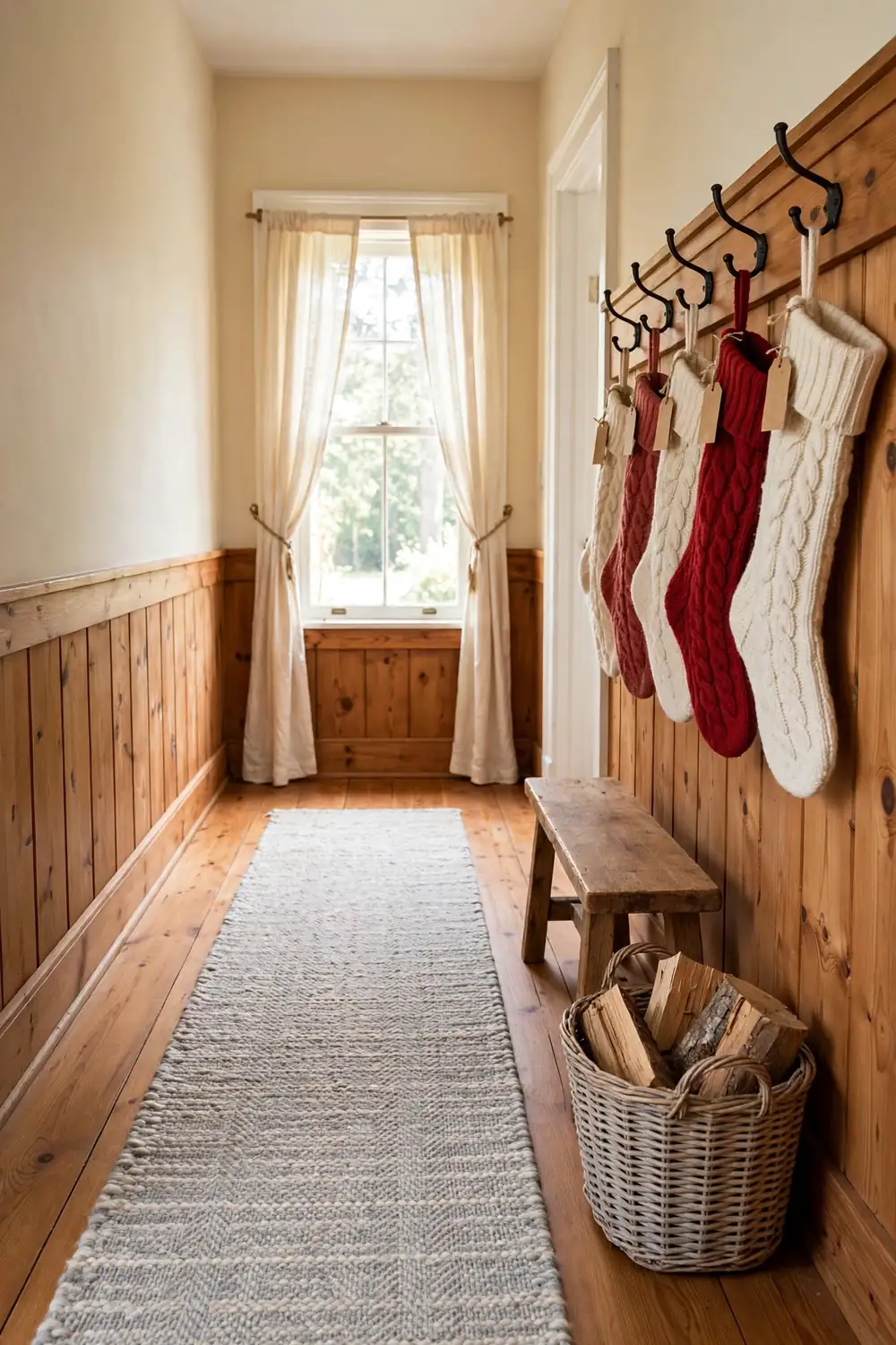 Cream and red knit stockings hanging from wall hooks along a cozy cabin style hall with warm wood paneling and a wool runner.