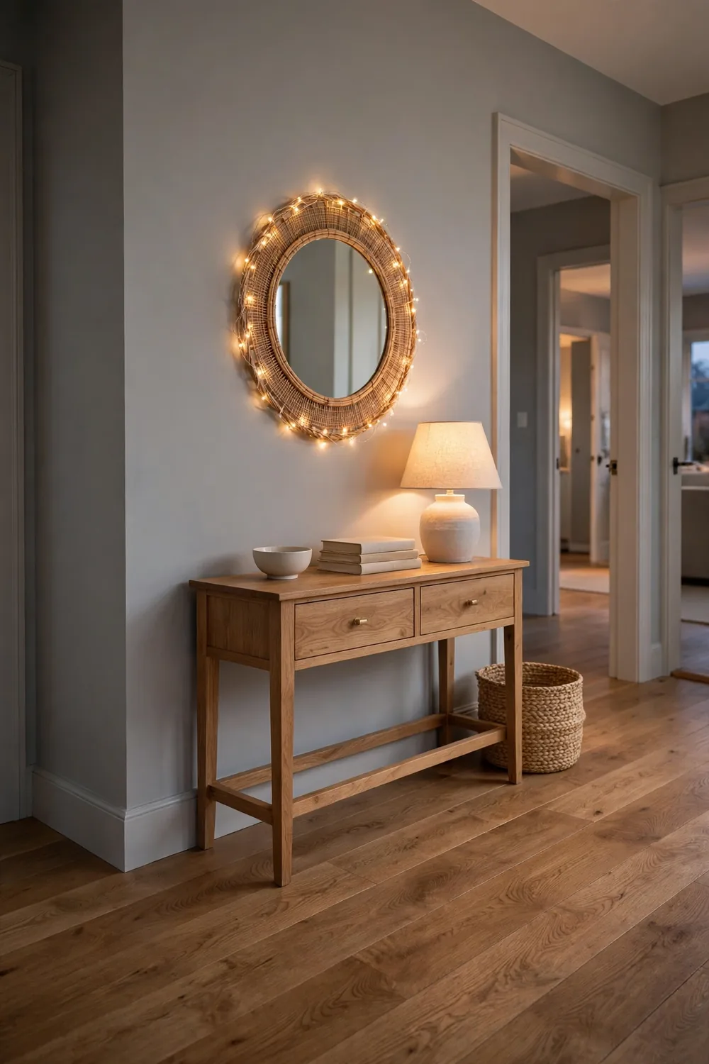 Warm white twinkle lights framing a round mirror above a console in an entryway at dusk, with a small bowl and books nearby.