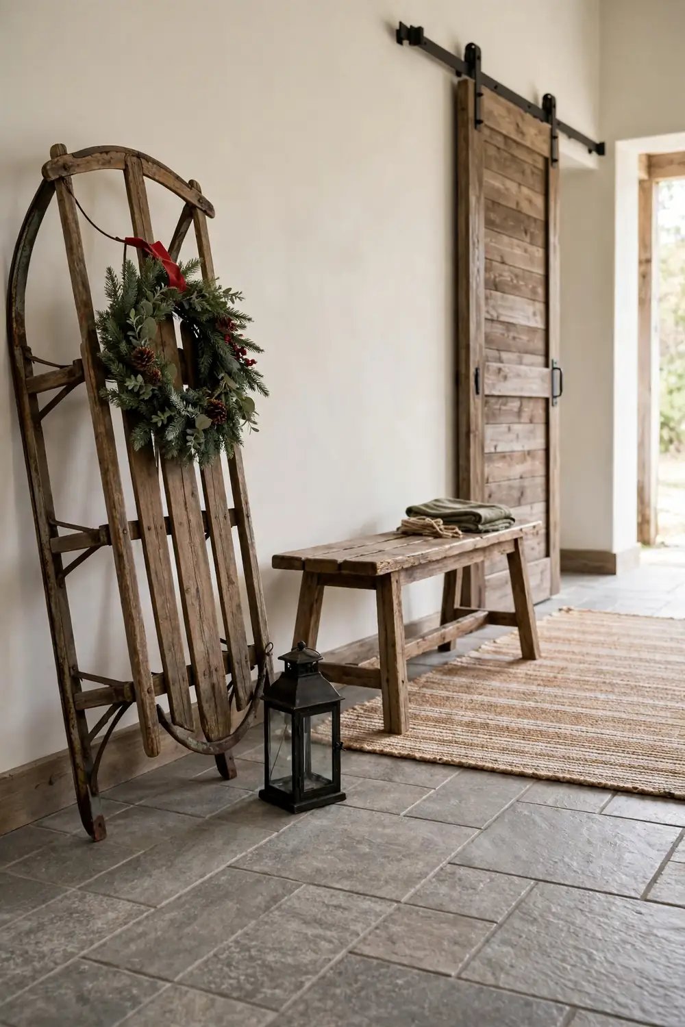 Vintage wooden sled with a small wreath leaned against the wall beside a lantern in a rustic entryway with stone look tile floors.