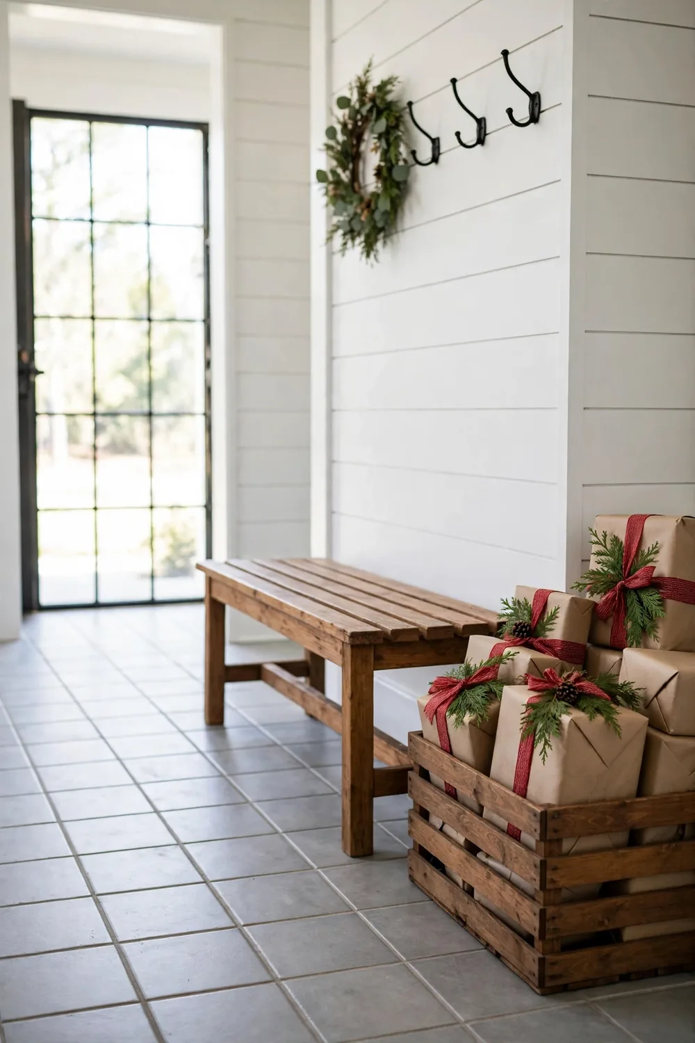 Wooden crate filled with kraft wrapped gifts tied in red ribbon and cedar sprigs beside a bench in a farmhouse entryway.