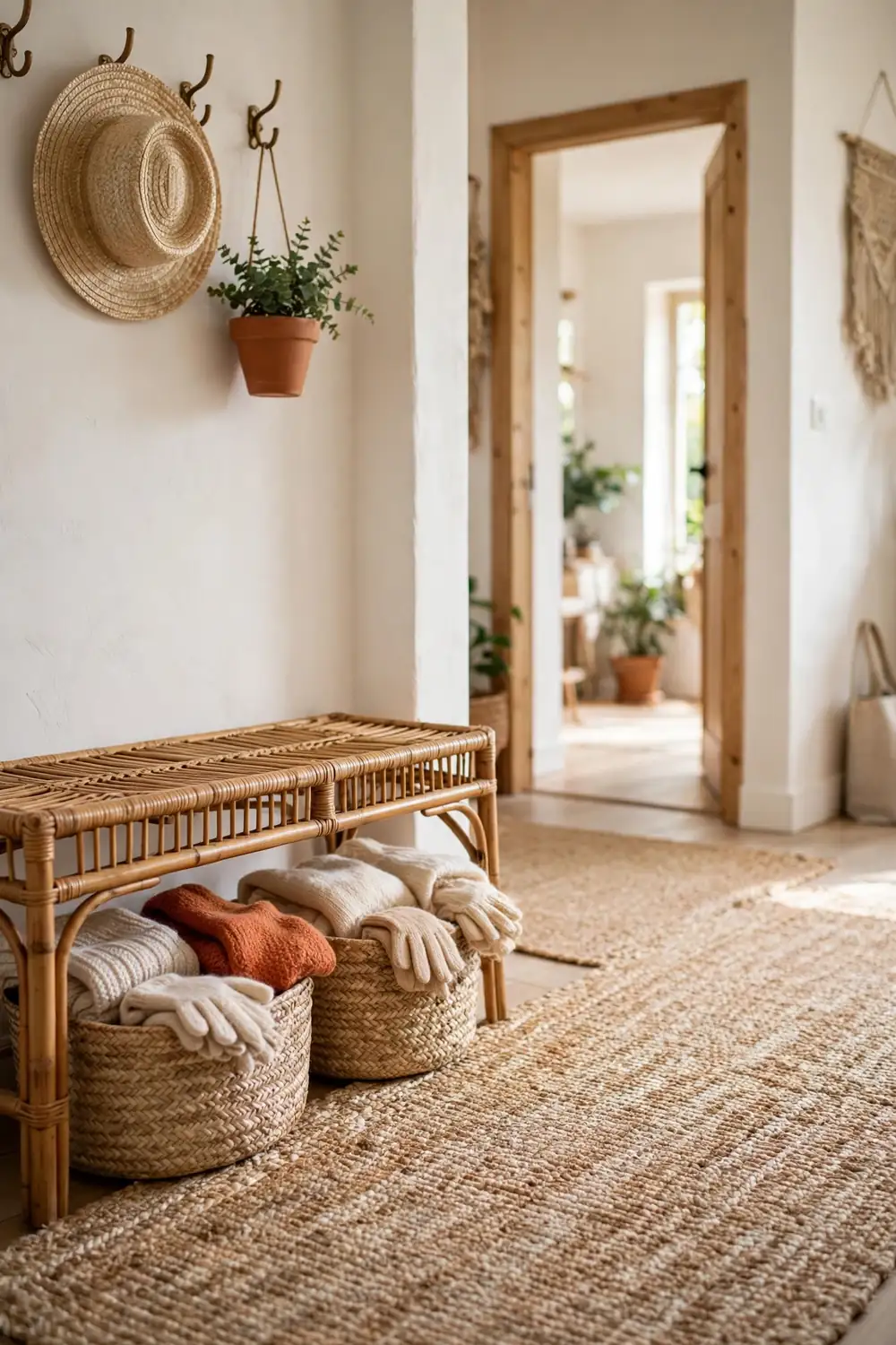 Woven seagrass baskets lined up under a wood bench holding scarves and gloves in a relaxed boho entryway with a jute rug.