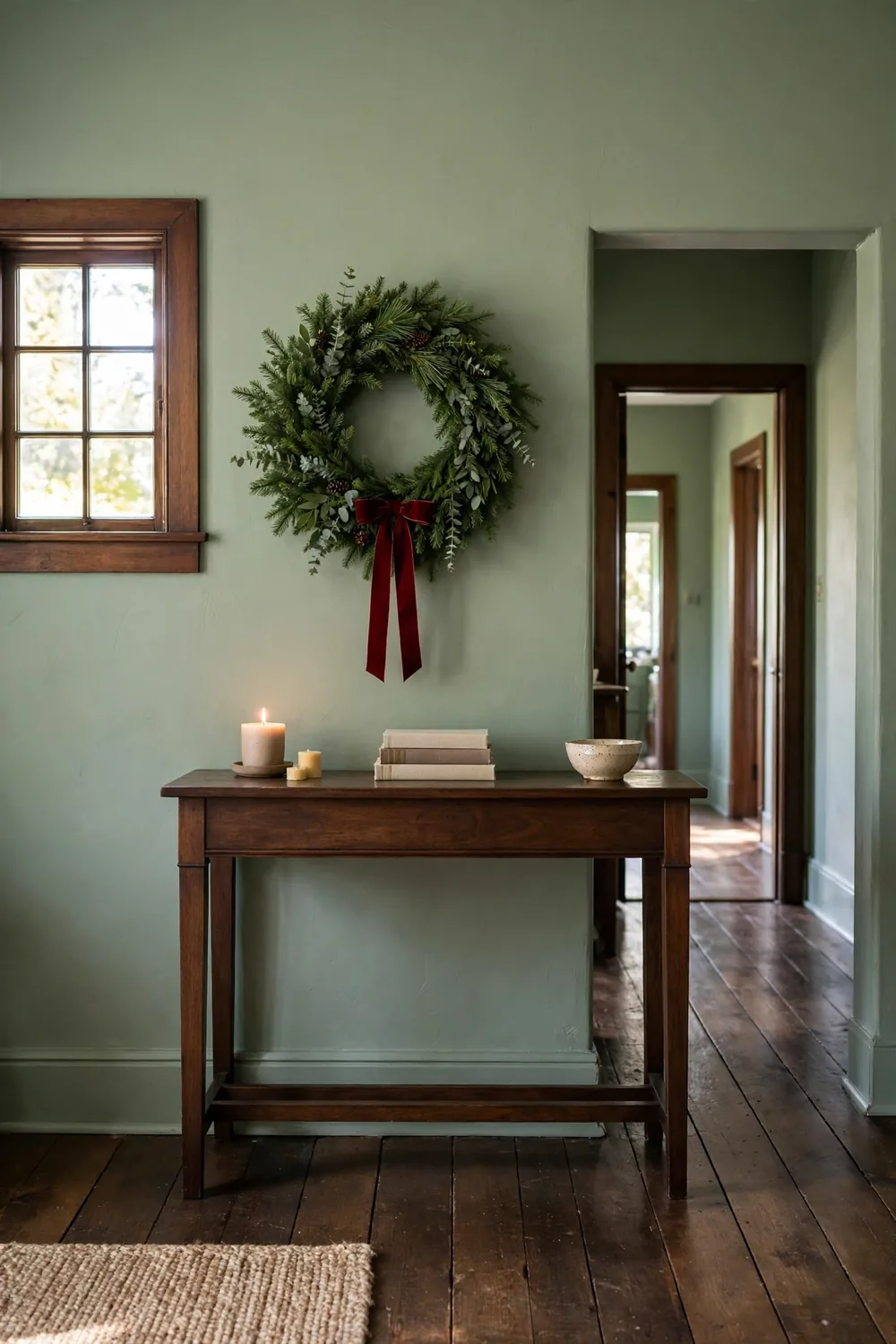 Full evergreen wreath with deep red ribbon hanging above a dark wood console table with a candle and stacked books in a sage green cottage hall.