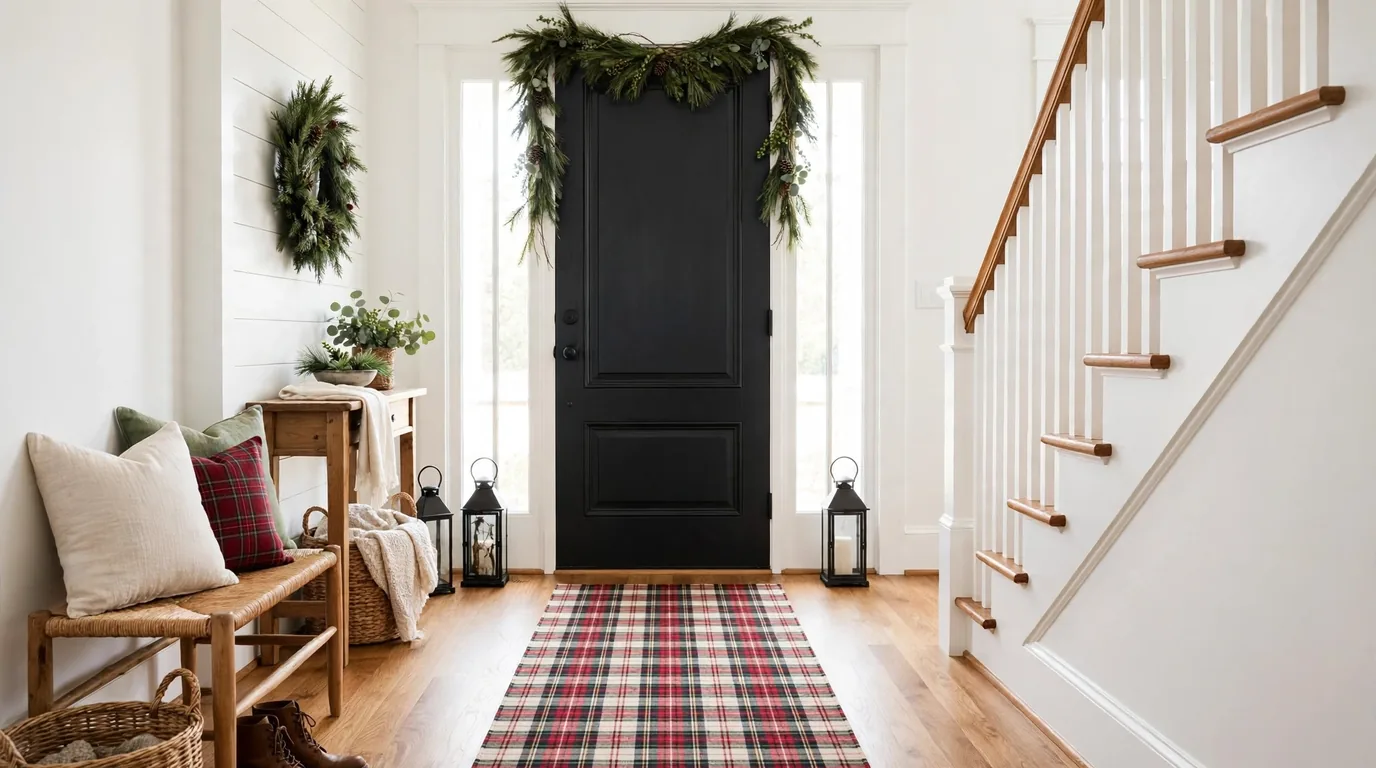 Christmas entryway decor in a bright farmhouse front hall with a pine garland over the door, a wreath above a wood console, lanterns and a plaid runner on oak floors.