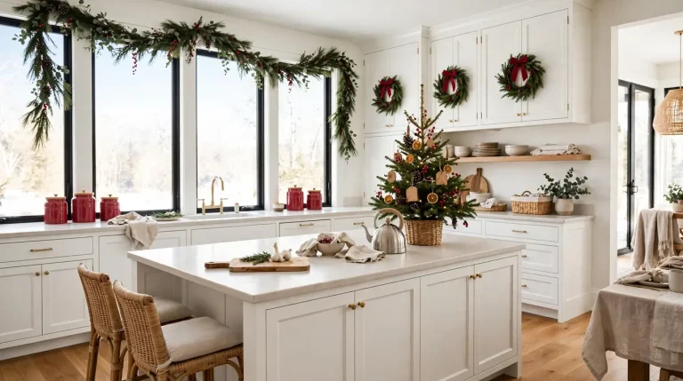 Christmas kitchen decor ideas in a bright farmhouse kitchen with a pine garland over the window, mini wreaths on white cabinets, red canisters and a small tree on the island.