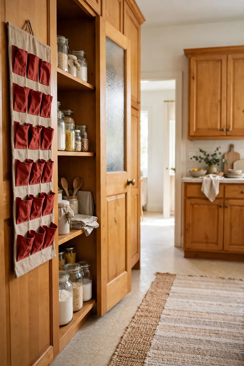 Cloth advent calendar with red pockets hanging on a pantry door beside open shelves of jars in a warm kitchen with honey colored cabinets.