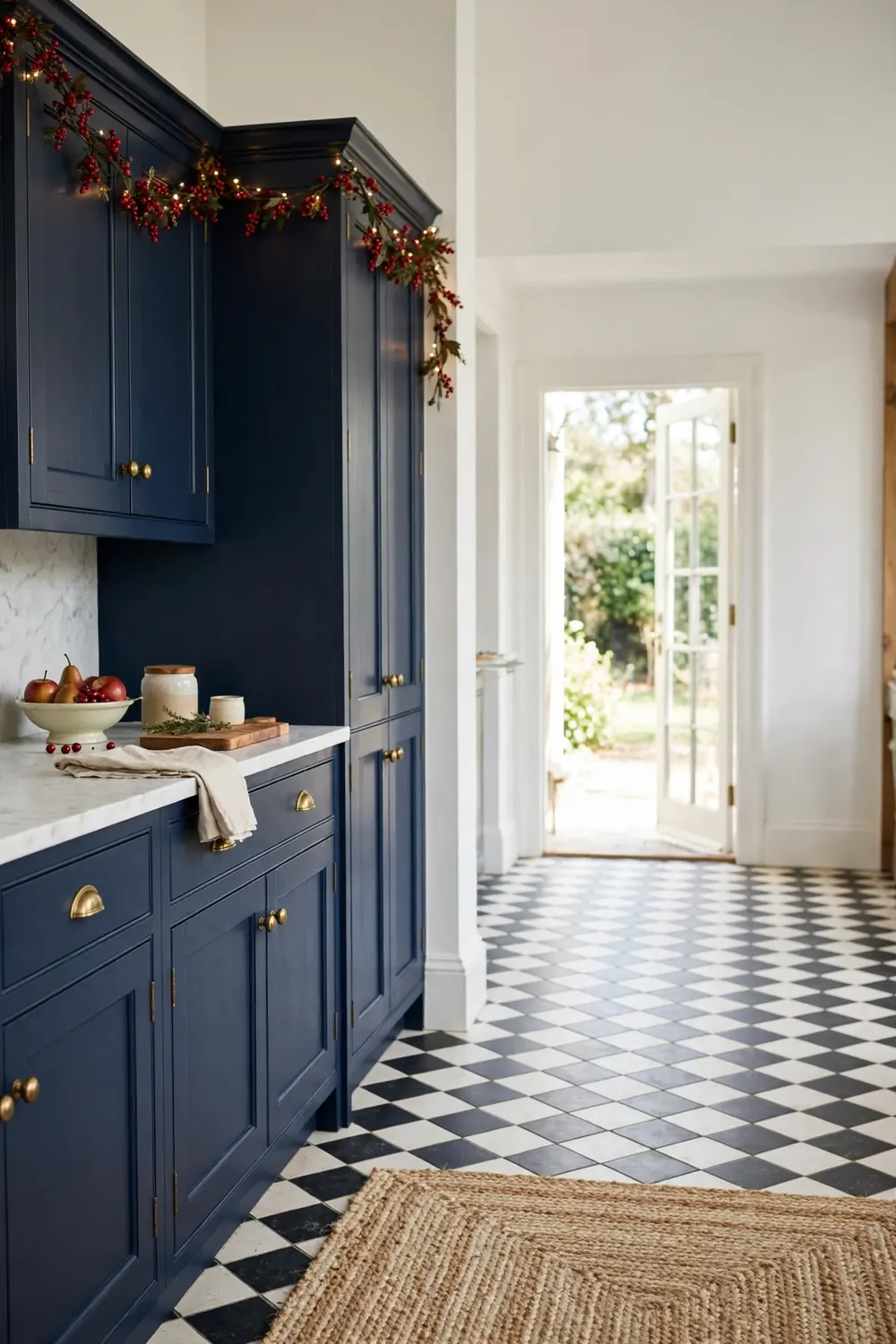 Red berry garland strung along the top of navy blue cabinets with small white lights above a white counter in a classic kitchen with a checkered floor.