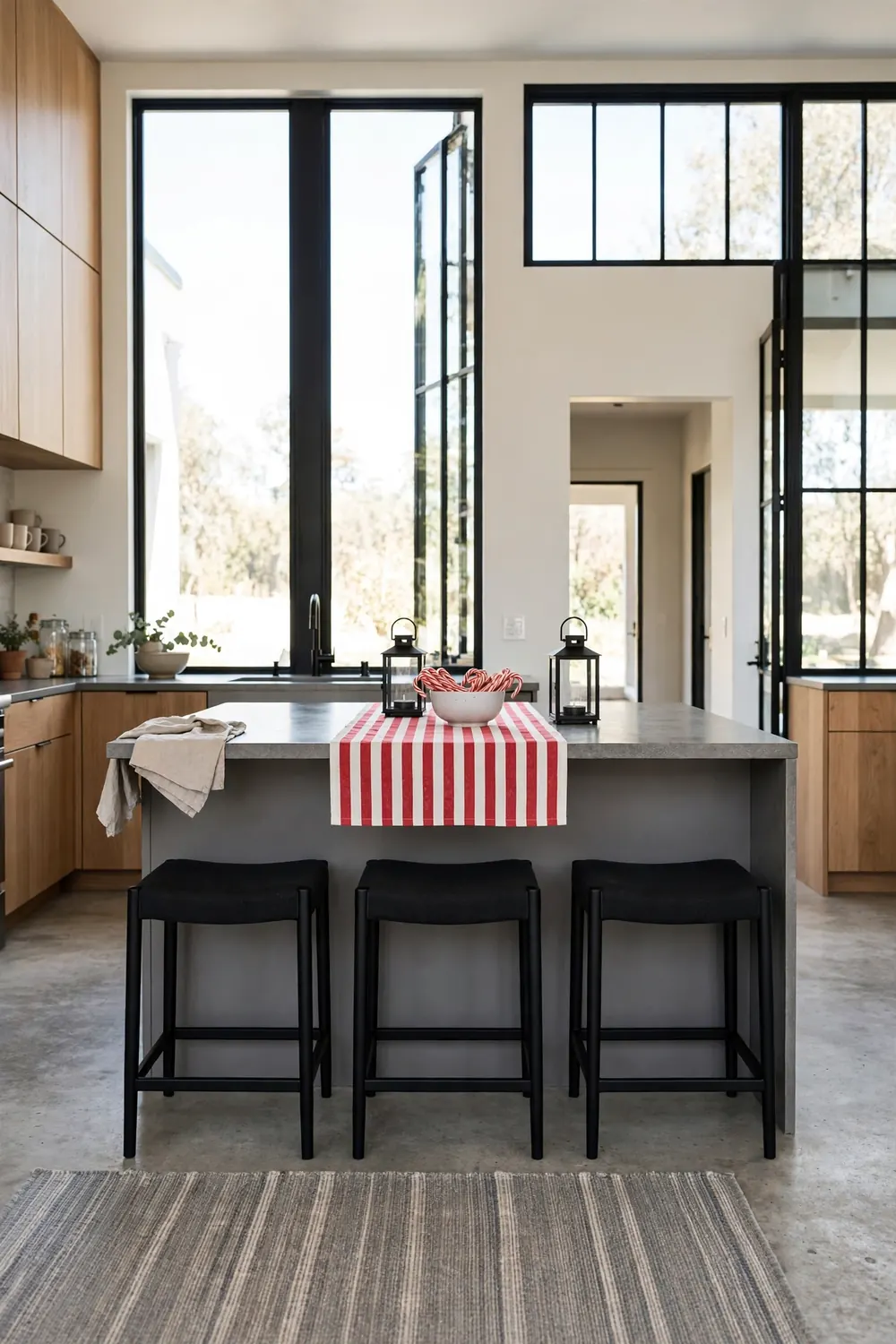 Red and white striped runner down a gray kitchen island with a bowl of candy canes and two small lanterns in a modern kitchen with black stools.