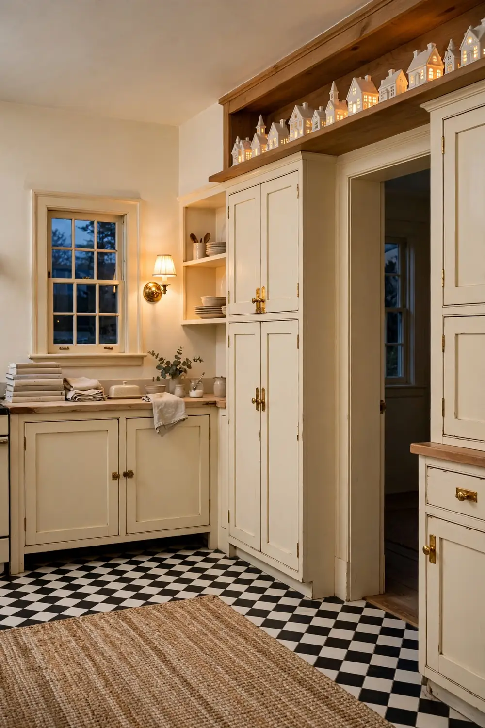 Tiny white ceramic Christmas village houses with warm glowing windows lined on a high wooden shelf above a doorway in a cream kitchen with vintage touches.