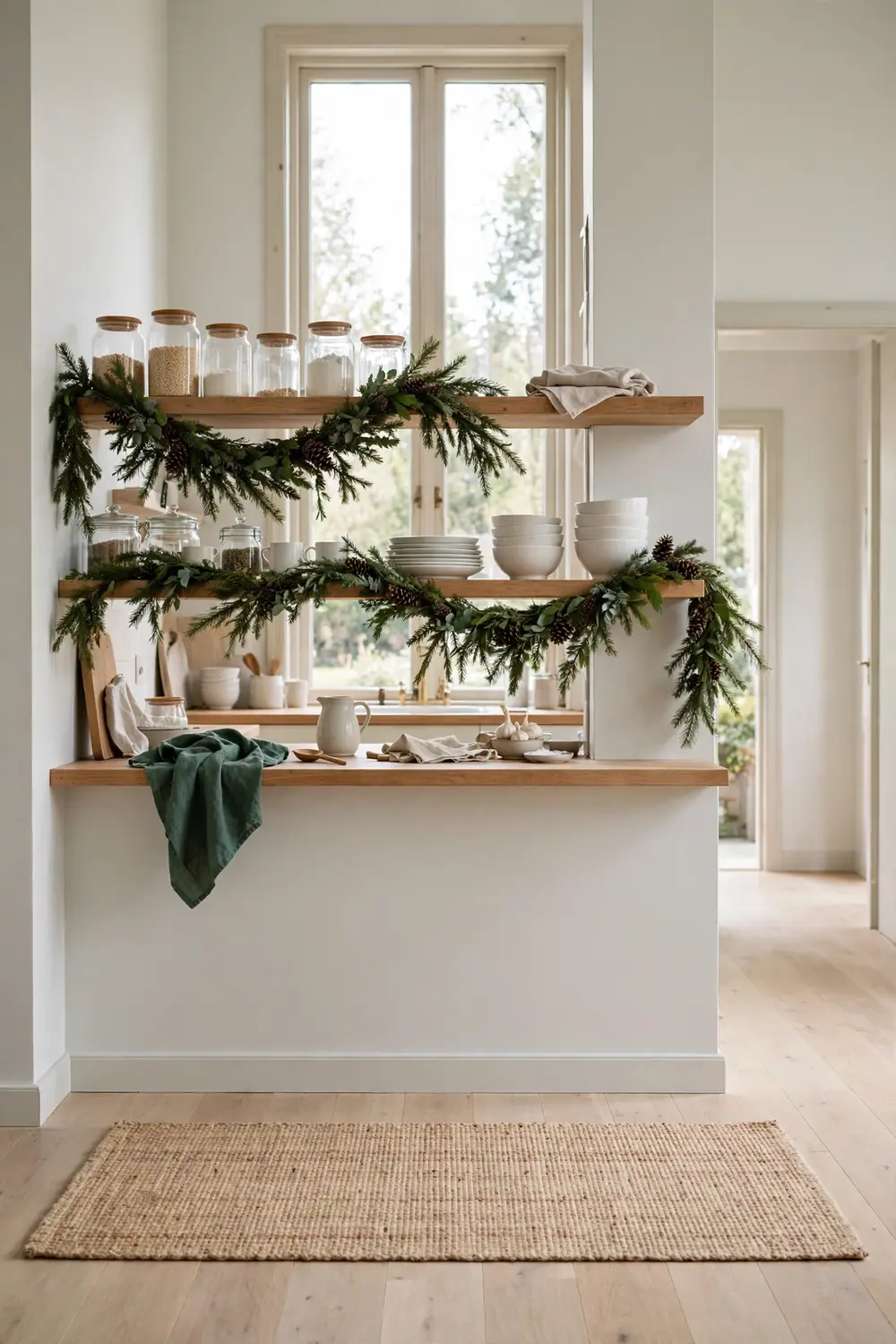 Evergreen swag with pinecones draped along open wooden shelves holding white dishes and glass jars in a Scandinavian kitchen with pale walls and morning light.