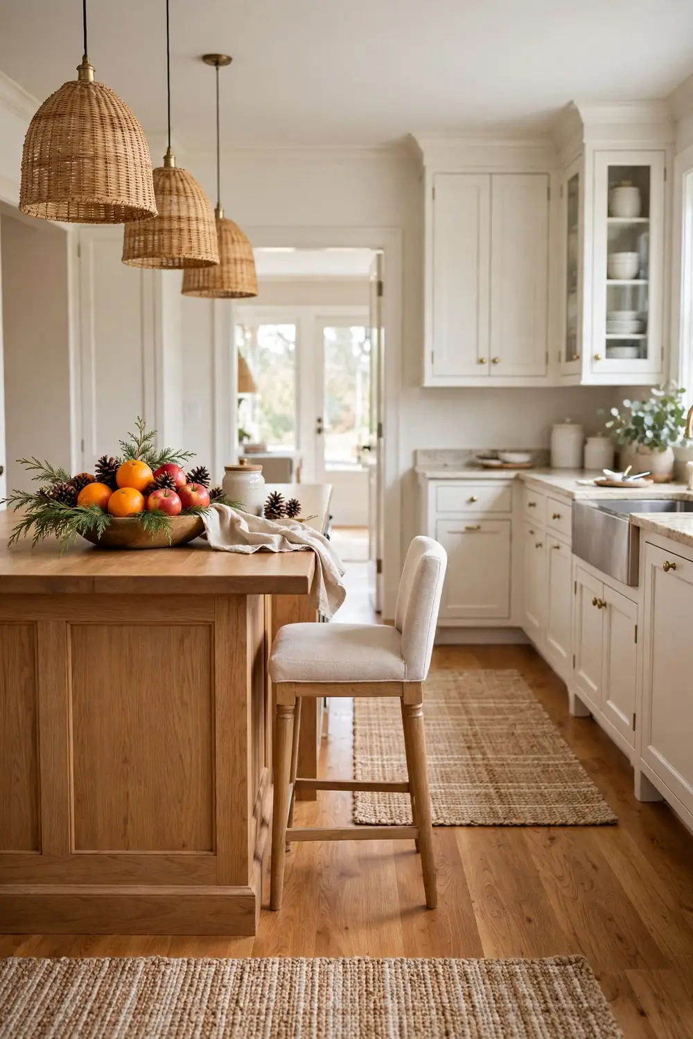 Wooden bowl filled with oranges, red apples and pinecones with cedar sprigs on a kitchen island in a bright traditional home with pendant lights.