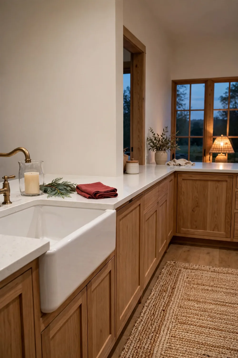 Cream flameless candle in a glass hurricane beside a kitchen sink with a sprig of cedar and a folded red towel in a calm neutral kitchen at dusk.