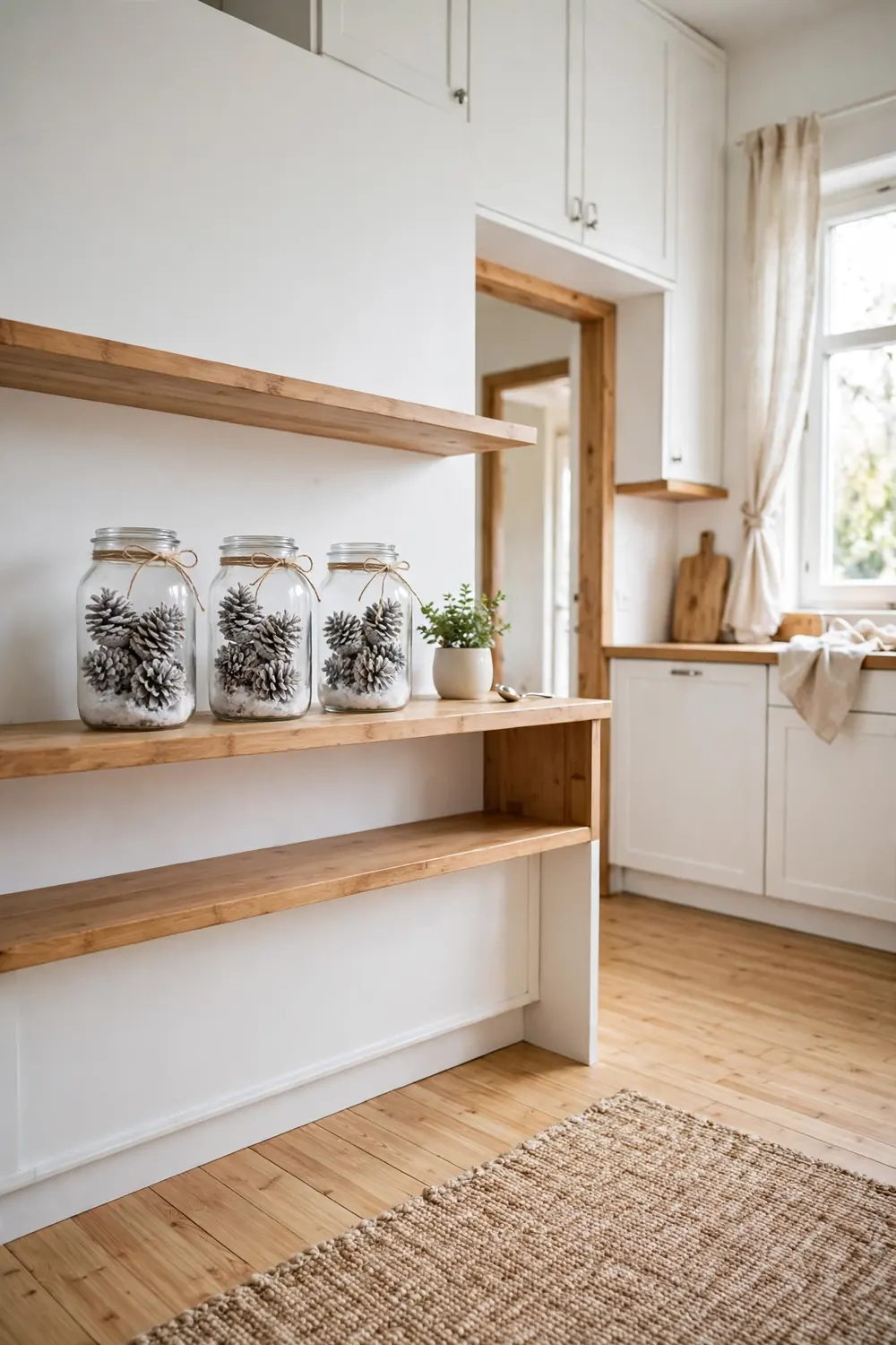 Glass jars filled with frosted pinecones and fake snow tied with twine on an open counter shelf in a white kitchen with natural wood accents.