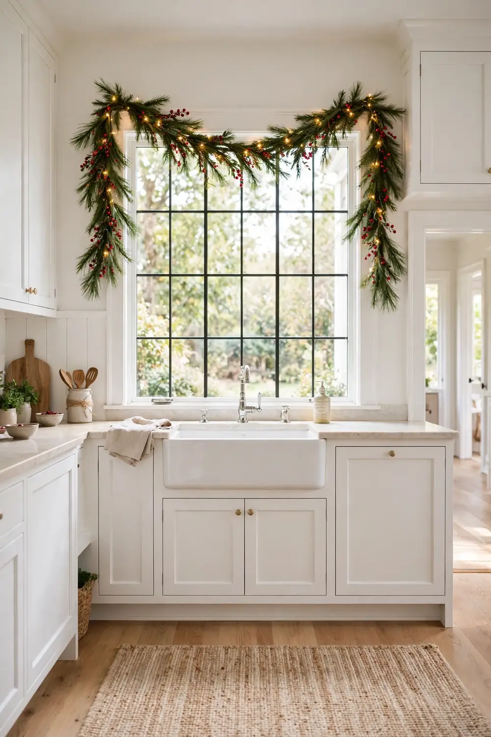 Fresh pine garland with warm fairy lights draped over a kitchen window above a white farmhouse sink with red berry sprigs and white cabinets in bright daylight.