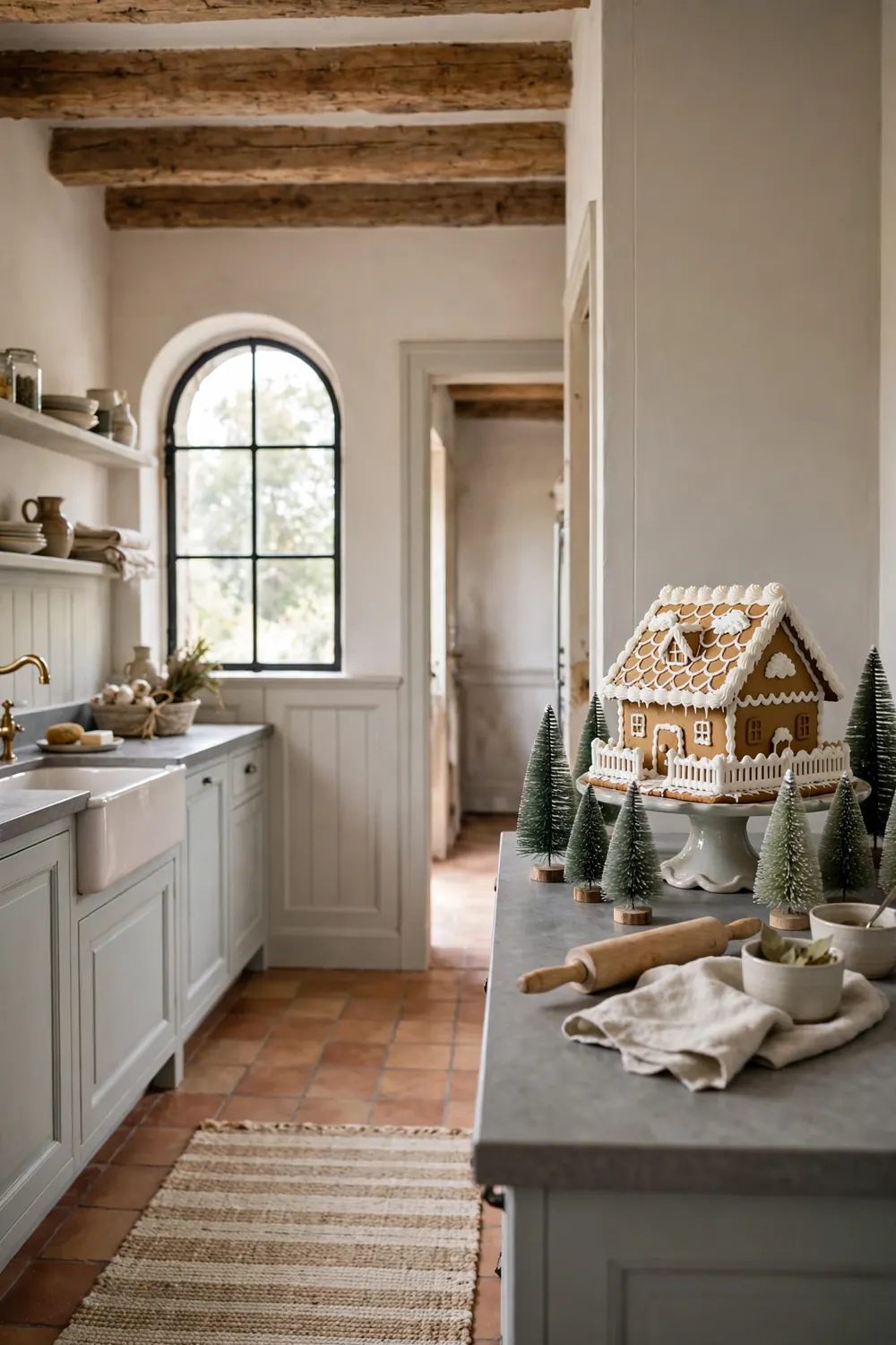 Decorated gingerbread house with white icing on a cake stand surrounded by bottle brush trees on a gray counter in a French country kitchen with open beams.