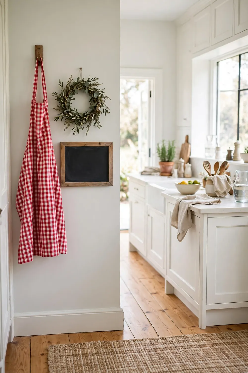 Red and white gingham apron hanging on a wall hook beside a small wreath and a chalkboard in a cheerful country kitchen with white counters.