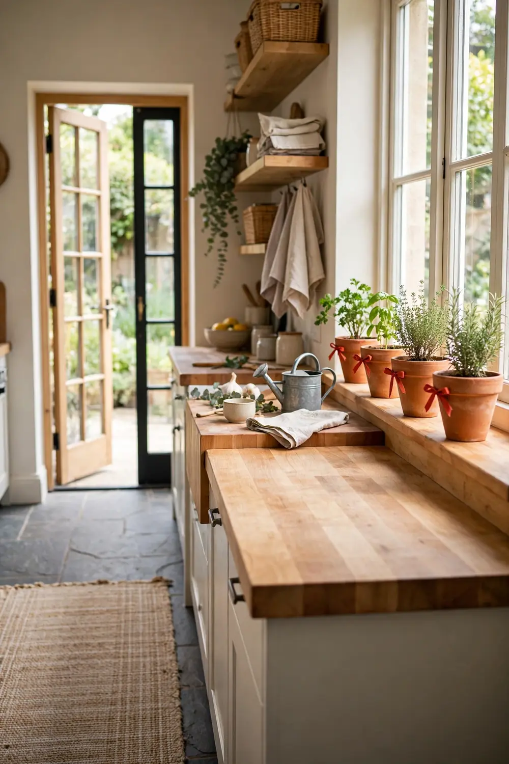 Small terracotta herb pots with red ribbon bows lined along a sunny kitchen window sill above a butcher block counter in a garden style kitchen.