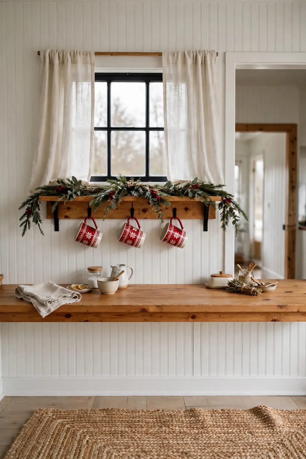 Red and white holiday mugs hanging on black hooks under a wooden shelf with a small garland swag in a cottage kitchen with beadboard walls.
