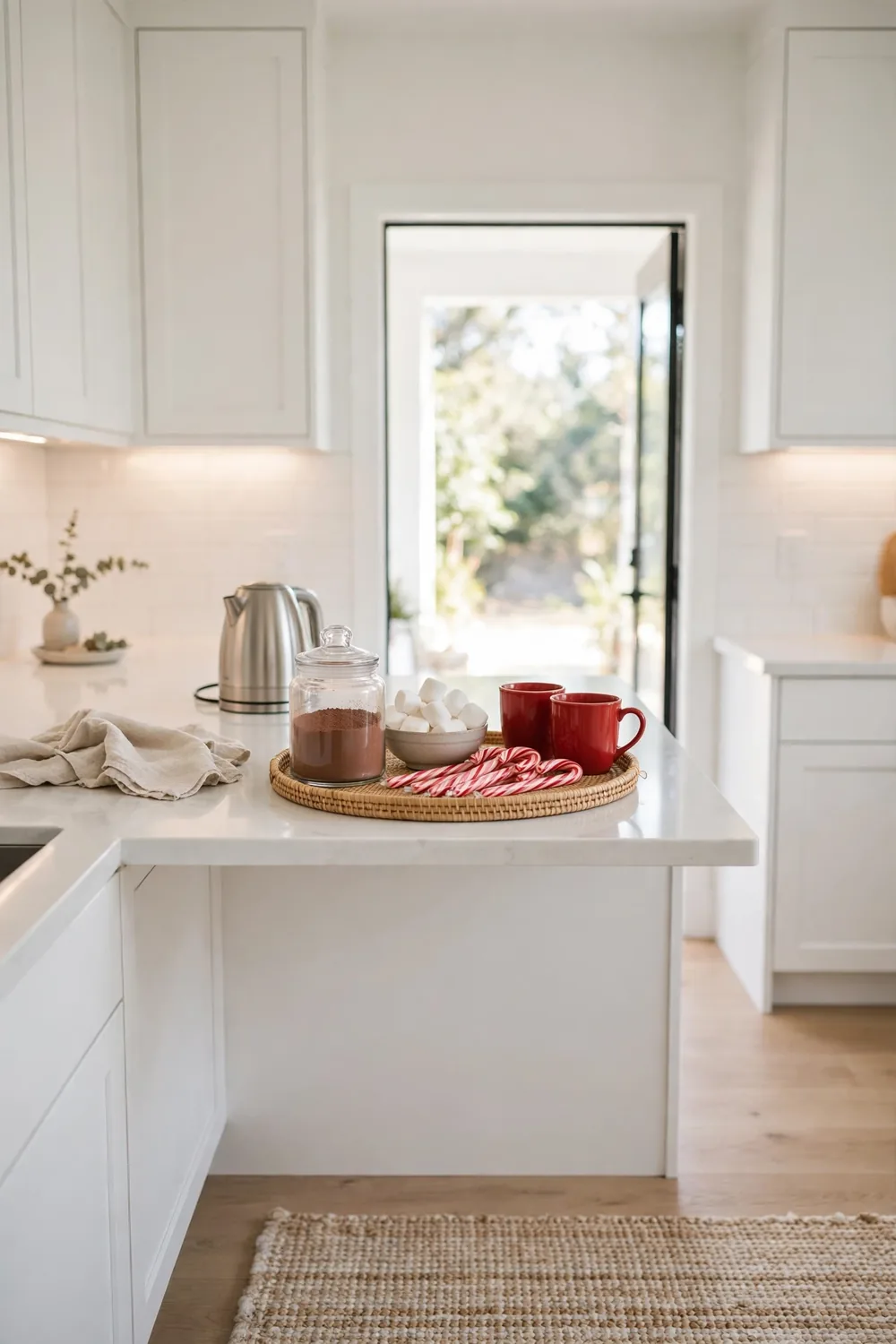 Hot cocoa station with a glass jar of cocoa, marshmallows in a bowl, candy canes and red mugs on a tray in the corner of a modern white kitchen.