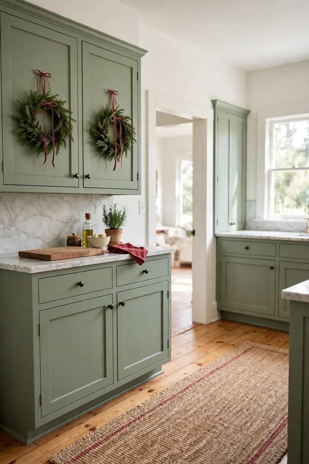 Small evergreen wreaths with thin red ribbon bows hanging on sage green cabinet doors above a marble counter with a wooden cutting board in a cottage kitchen.