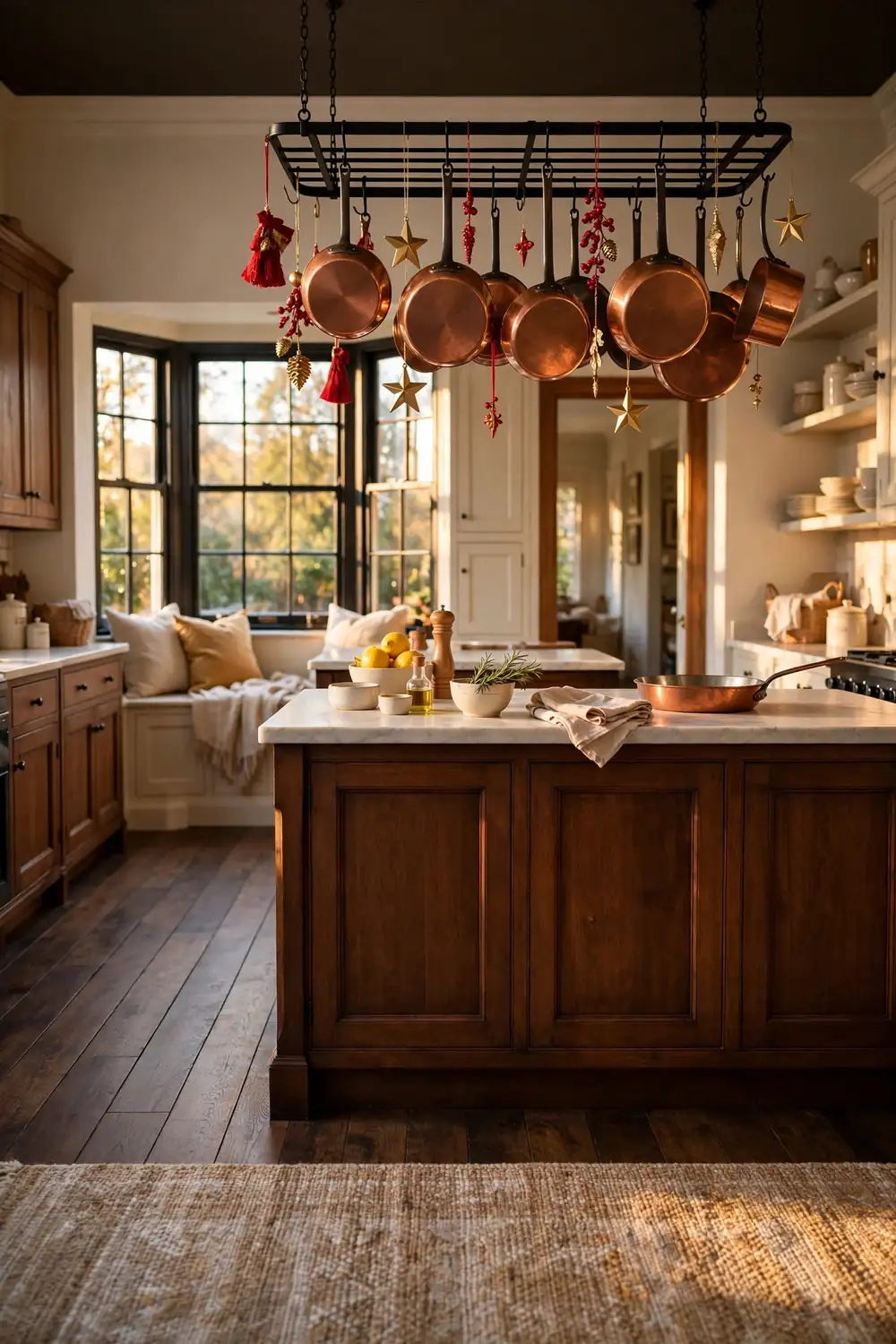 Red and gold ornaments hanging from a black iron pot rack with copper pans above a kitchen island in a traditional kitchen with warm light.