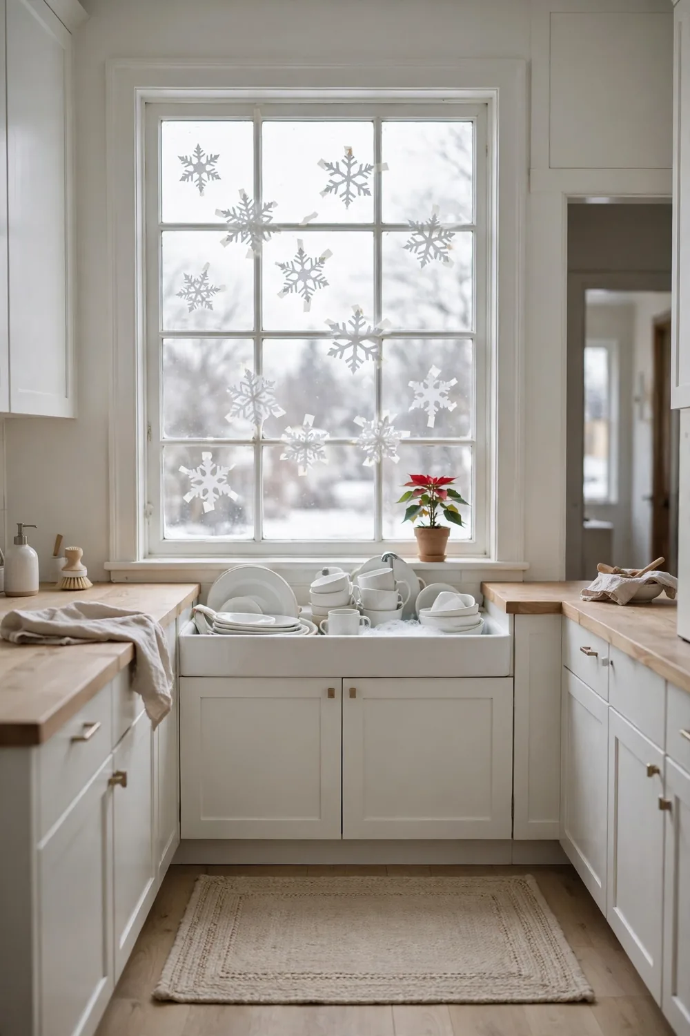 White paper snowflakes taped across a large kitchen window above a sink full of white dishes with a small poinsettia on the sill in winter light.