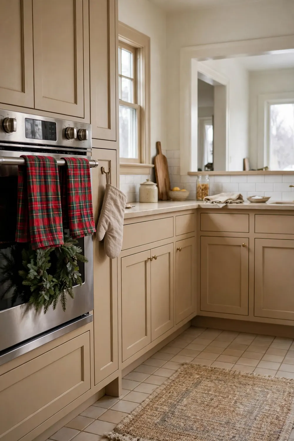 Red and green plaid dish towels hanging from a stainless oven handle with a small wreath on the oven door in a warm beige kitchen with tile floor.