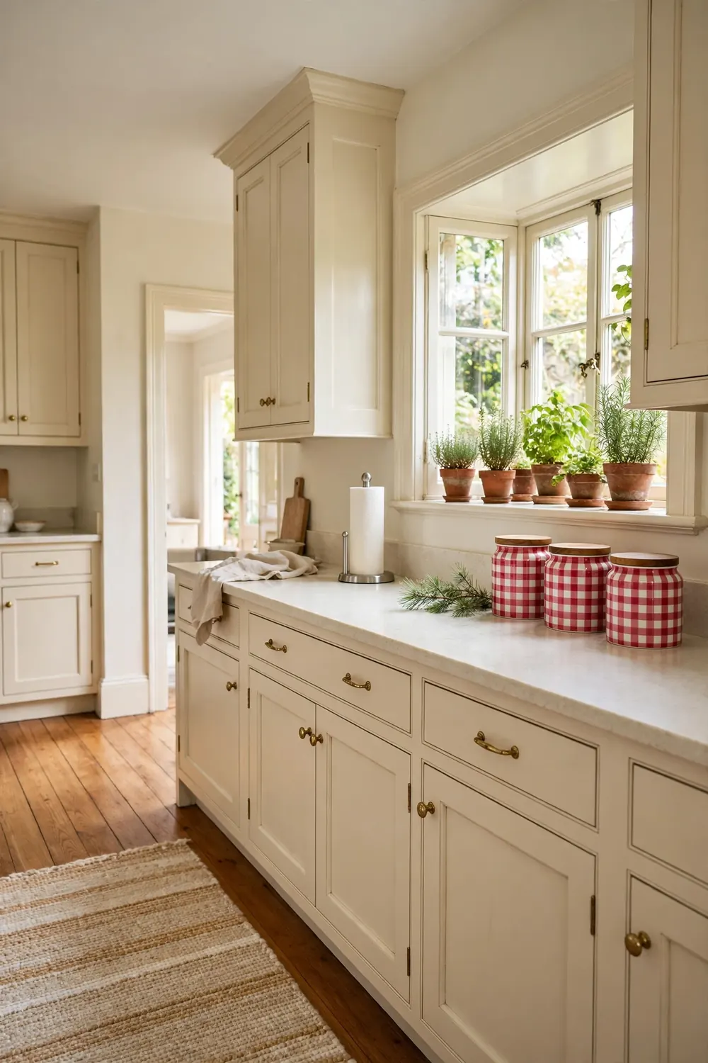 Red and white ceramic canisters with wooden lids lined up on a cream quartz counter beside a small pine sprig in a traditional kitchen with brass handles.