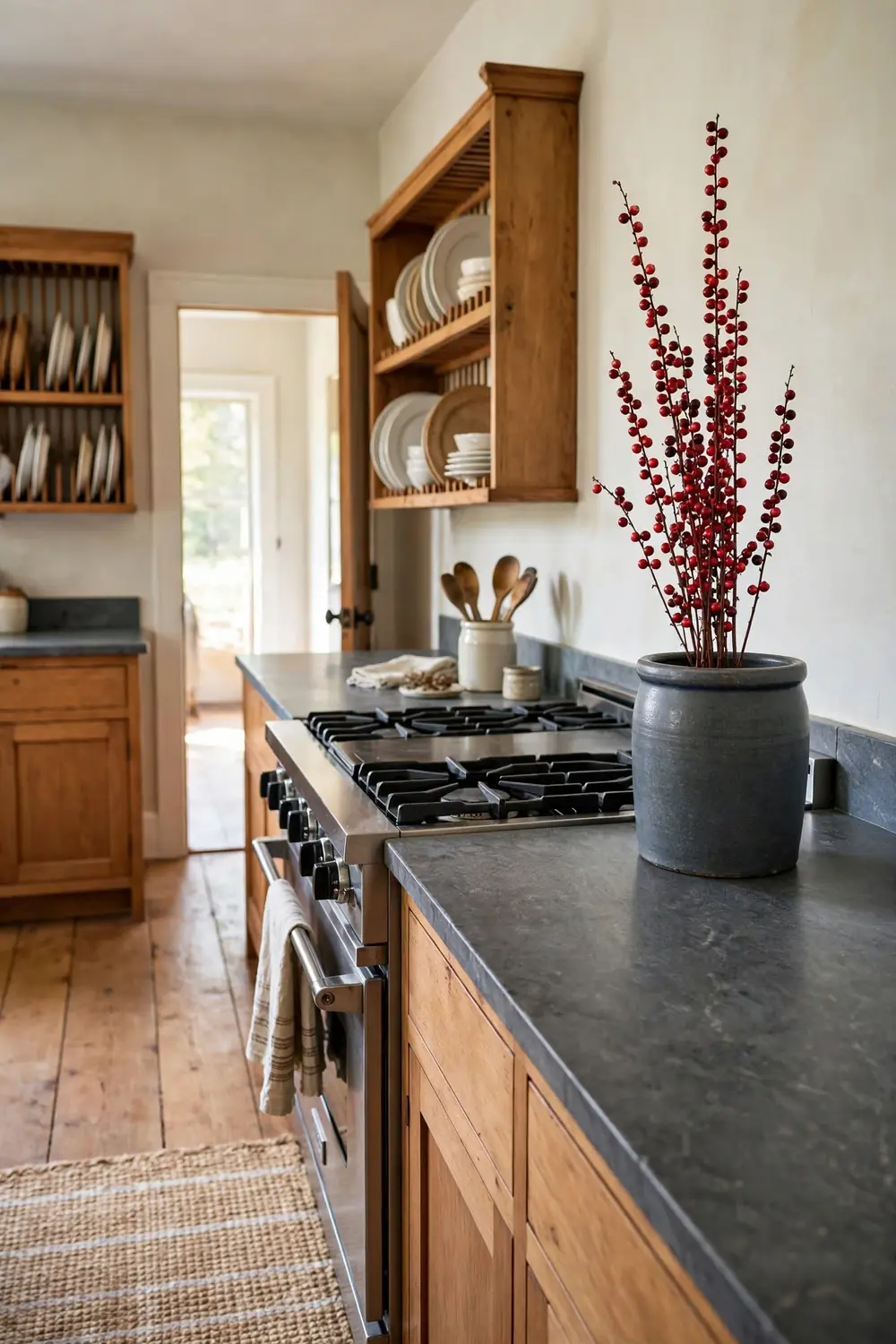 Tall red berry stems in a stoneware crock beside the stove on a soapstone counter in a country kitchen with open plate racks and warm wood tones.