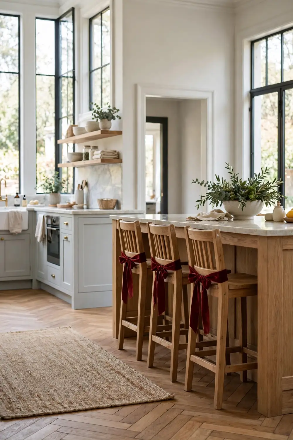 Red velvet ribbons tied in bows on the backs of wooden bar stools at a kitchen island with a bowl of greenery in a transitional kitchen.