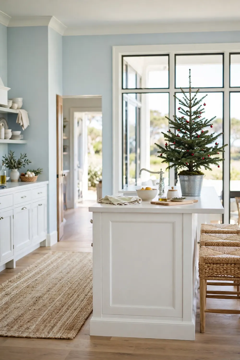 Small potted Christmas tree with tiny red ornaments in a galvanized pot at the end of a white kitchen island in a coastal kitchen with sea grass stools.
