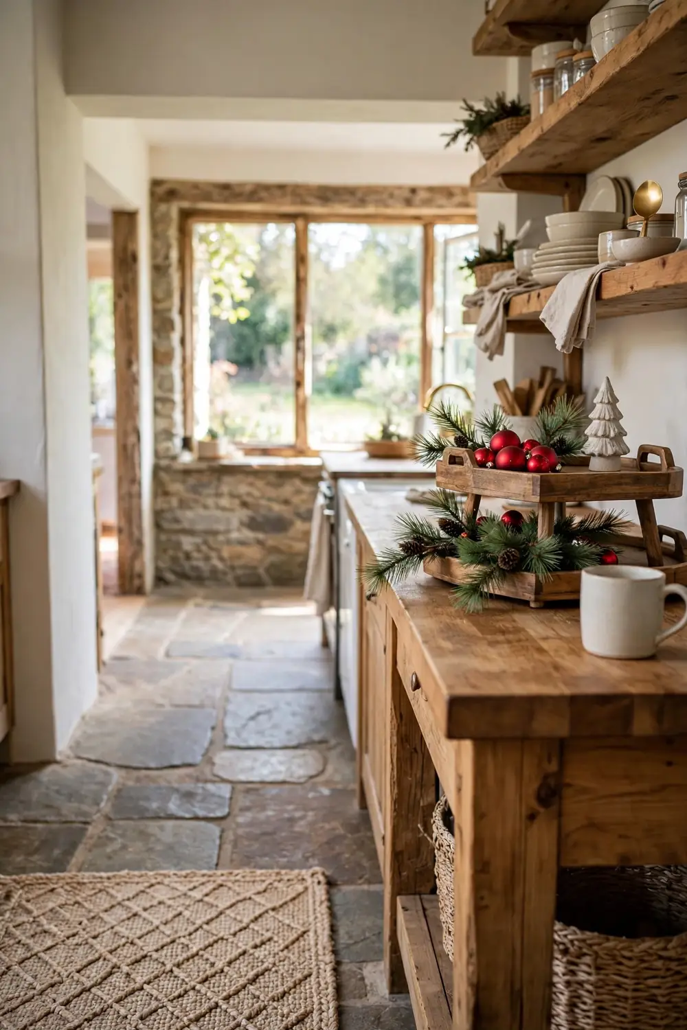 Two tier wooden tray holding red ornaments, pine sprigs and a tiny ceramic tree on a butcher block counter in a rustic kitchen with exposed shelves.