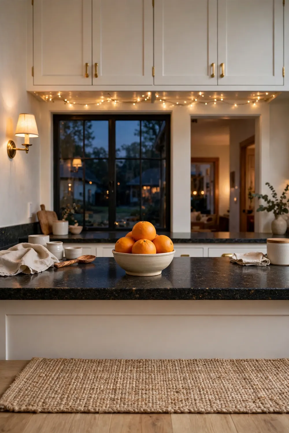 Warm twinkle lights strung under white upper cabinets glowing over a dark granite counter with a small bowl of oranges in a cozy kitchen at dusk.