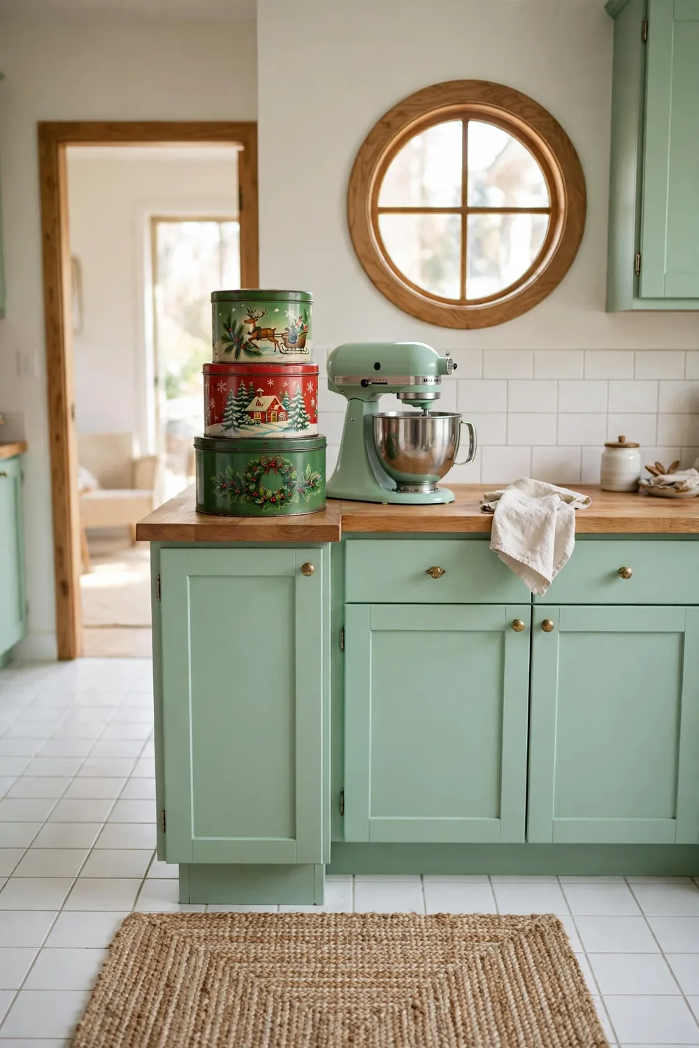 Stack of vintage red and green cookie tins with Christmas scenes on a counter corner beside a stand mixer in a retro kitchen with mint accents.