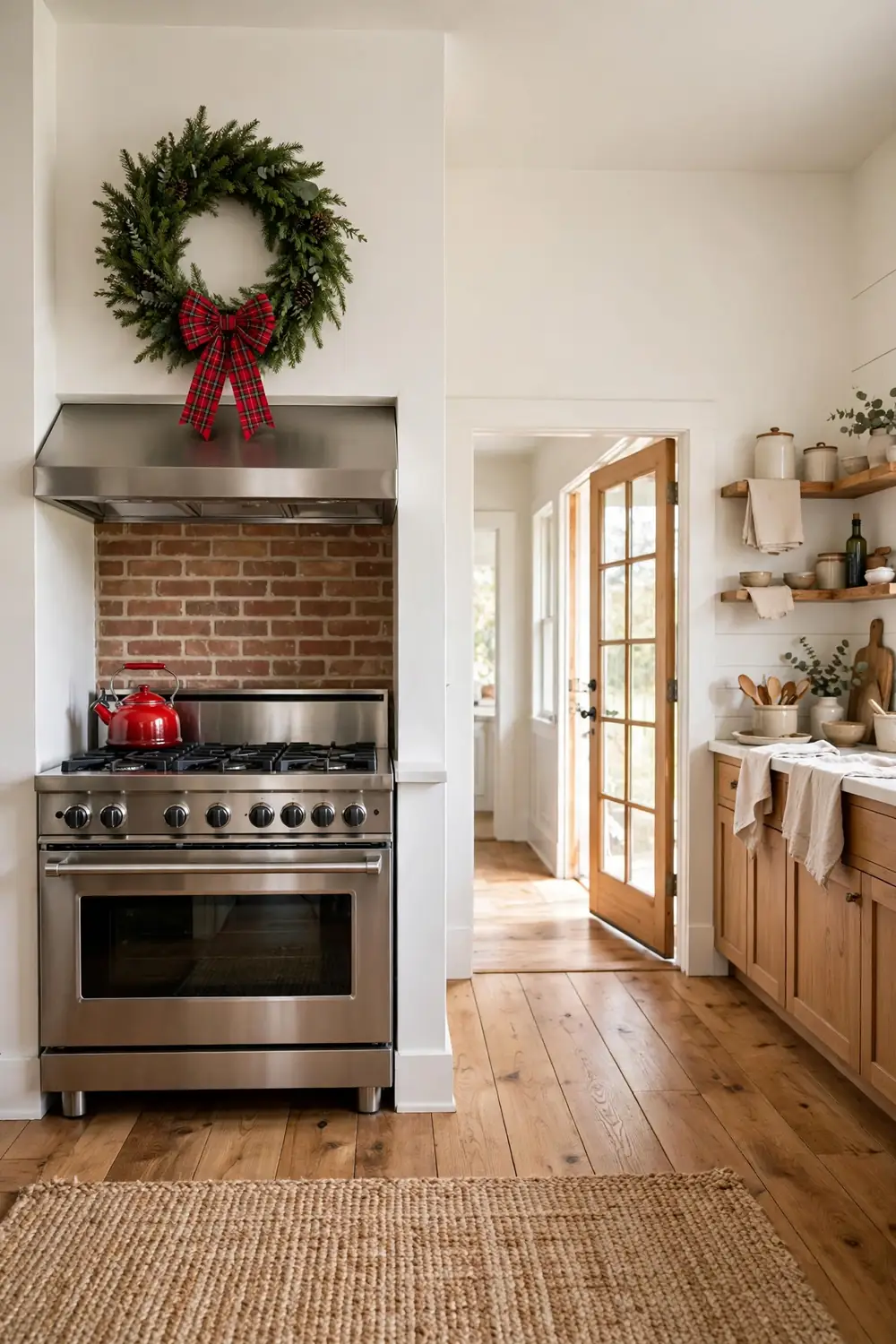 Full evergreen wreath with a plaid bow hanging above a stainless range hood over a stove with a red kettle in a farmhouse kitchen with brick backsplash.
