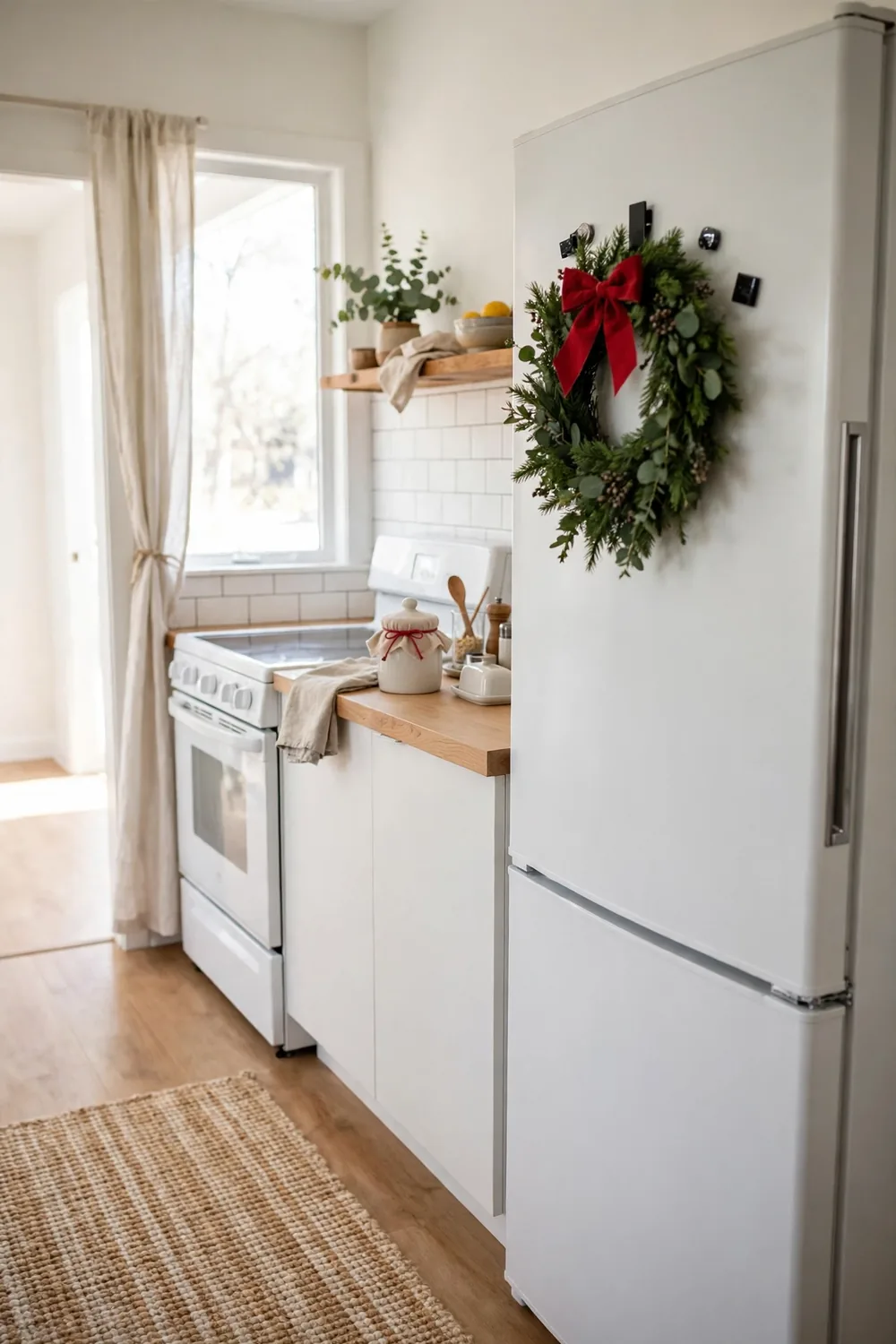 Green wreath with a red bow held by magnets on a white refrigerator door beside counters with a cookie jar in a small bright apartment kitchen.